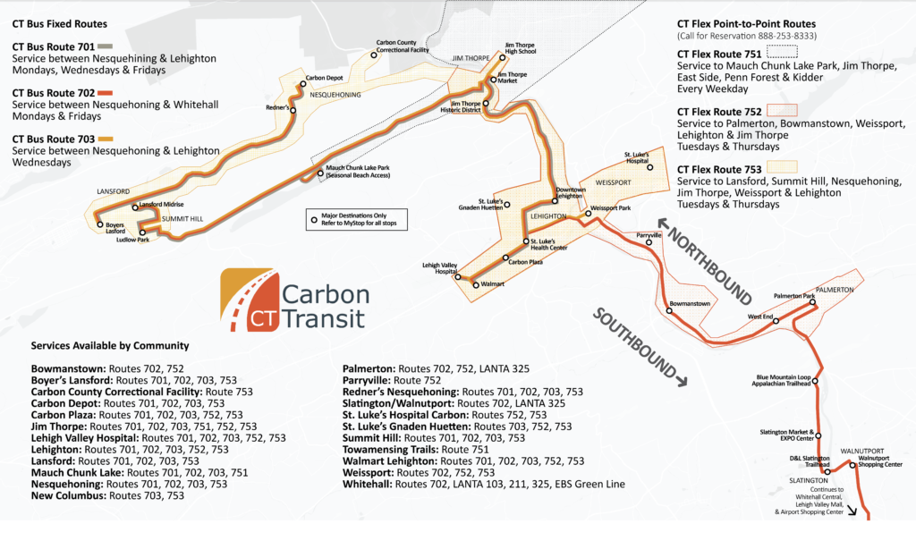 Map of the CT Bus Fixed Routes and CT Flex Point-to-Point Routes for Carbon Transit as of August 26, 2024. 